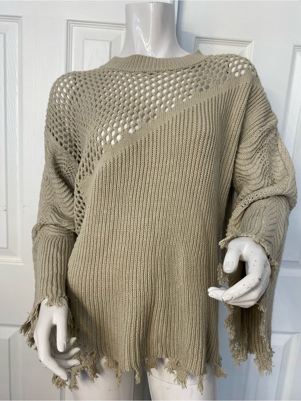 Light Beige Distressed Open-Knit Crewneck Sweater